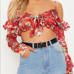 Red Printed Frill Crop Top